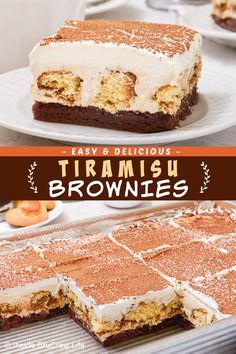 a close up of a piece of cake on a plate with the words, easy and delicious trami'u brownies