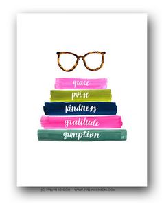 a stack of books with glasses on top and the words peace, love, kindness, graduation