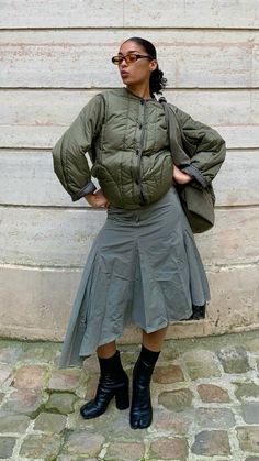 fall outfit womens, long skirt, black tabi boots, dark army green jacket   IG: louannsaliou Dark Green Boots Outfit, Tabi Outfits Women, Gray And Green Outfit, Army Boots Outfit, Green Shoes Outfit, Cargo Skirt Outfit, Womens Long Skirt