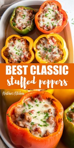 stuffed bell peppers with cheese and herbs in them on a white plate next to an orange pepper