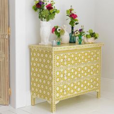 Bone Chest Of 3 Drawer Flower Design Yellow 1 Yellow Chest Of Drawers, Bone Inlay Dresser, Ethnic Furniture, Sofa Bar, Yellow Bone, Bone Inlay Furniture, Wooden Street, Inlay Furniture, Bone Inlay