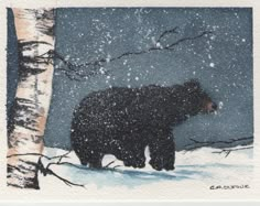 a painting of a black bear in the snow