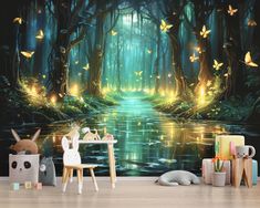 an image of a forest scene wall mural