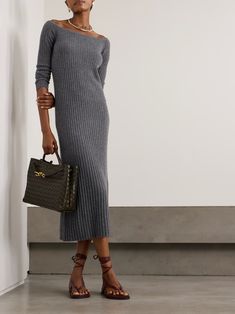 LISA YANG Nari off-the-shoulder ribbed cashmere midi dress | NET-A-PORTER Chic Cashmere Midi Dress, Pencil Dress Outfit, Lisa Yang, Flat Dress Shoes, Floral Dresses Short, Dress Flats, Exclusive Dress, Sports Skirts, Everyday Wardrobe