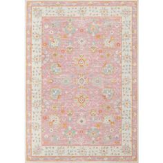 a pink and yellow rug with an ornate design on the bottom, in front of a white background