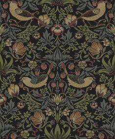 an intricately designed wallpaper with birds and flowers in black, green, yellow and red