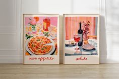 two framed pictures with pizza and wine on them