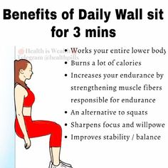 a woman doing squats with the words benefits of daily wall sit for 3 mins