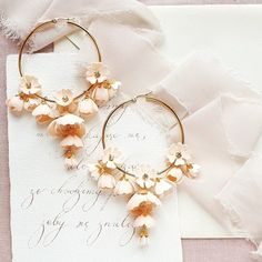 Pink Peach Rose Gold Boho Hoop Wedding Flower Earrings White | Etsy Poland Handmade Rose Gold Bridal Earrings For Wedding, Delicate Handmade Hoop Earrings For Wedding, Rose Gold Hoop Earrings For Wedding, Delicate Pink Flower Earrings For Wedding, Bohemian Hoop Earrings For Wedding, Delicate Flower Hoop Earrings For Weddings, Bohemian Wedding Jewelry With Flower Charm, Bohemian Rose Gold Jewelry For Wedding, Peach Dangle Jewelry For Wedding