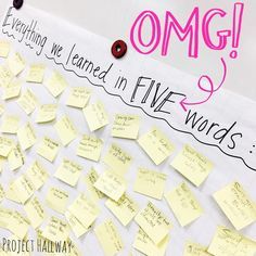 post it notes on a bulletin board that says omg everything we learned in five words