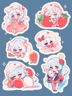 four stickers with different images of the same character and their respective body colors, one is