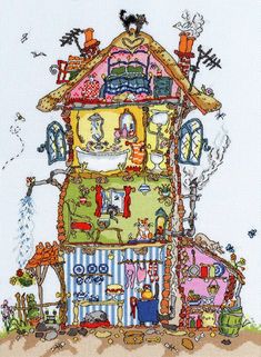 a cross stitch house with lots of different things on the top and bottom half of it