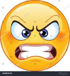 an angry yellow emoticive face with blue eyes and mouth wide open stock photo