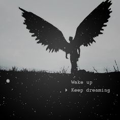 the silhouette of a person with wings outstretched in front of an overcast sky and words wake up keep dreaming