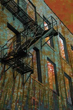 an abstract painting of a fire escape on the side of a building