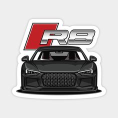 the front end of a black sports car with red and white lettering that reads r8