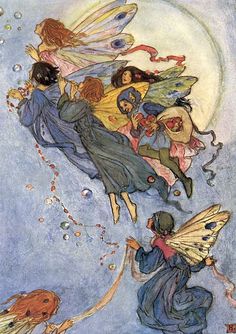 an illustration of four fairy girls flying in the sky with their backs to each other