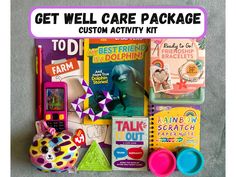 an assortment of children's toys and books with the words get well care package