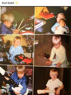 several pictures of young children playing with guitars and guitar pedals in their living room