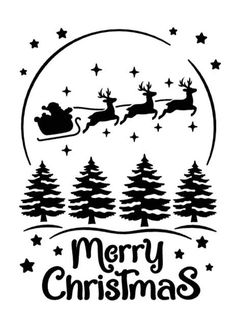 a merry christmas card with santa flying through the sky over trees and reindeer on a sleigh