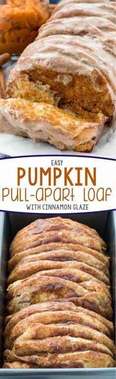 pumpkin pull apart loaf with cinnamon glaze on top and in the bottom, it is cut into slices