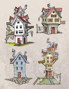 four houses with different roofs and windows