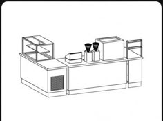 a line drawing of an office desk with two chairs and a shelf on the side