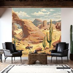 a living room with two chairs and a painting on the wall behind them that has a desert scene