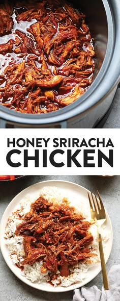 the recipe for honey sriraca chicken is shown in a slow cooker