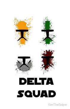 three traffic lights with the words delta squad painted on them in black and red, green and