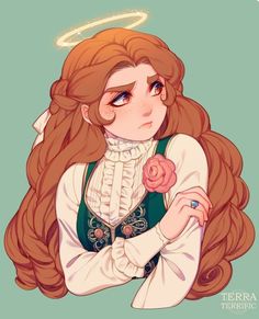 a girl with long red hair holding a rose