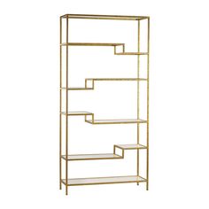 a gold shelf with three shelves on each side and two shelves below it, all in different shapes and sizes