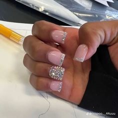 White Short Nails With Rhinestones On Ring Finger, Cute Short Nails With Diamonds, Short Diamond Nails Rhinestones, Short White Acrylic Nails Square With Diamonds, Acrylic Nail Designs French Tip Ideas Square, Baddie Shorties Acrylic Nails, Diamond Short Nails, Rhinestones On Short Nails, Short Nails For Birthday