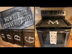 an oven with the words how to build stove top cover written on it and other pictures