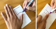 two pictures of someone writing on paper with a marker