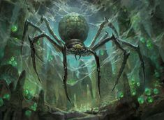 a giant spider in the middle of a forest filled with green leaves and glowing orbs