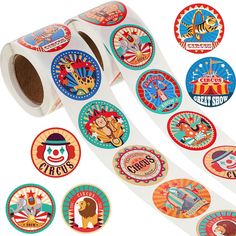 various circus stickers on a roll of paper with the words circus printed on them