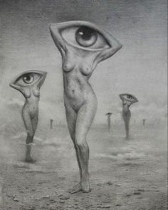 a drawing of two people standing in front of an eye