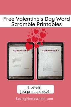 two valentine's day word scramble printables with the text, free valentine's day word scramble printables