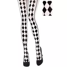 Black & White Harlequin Tights | Party City Black And White Tights, Opaque Stockings, Pierrot Clown, Plus Size Tights, White Tights, White Stockings, Halloween Costume Shop, Halloween Costume Accessories, Patterned Tights