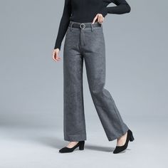 "DETAILS: * 30% wool, 70% polyester fiber * Polyester Lining * Two side pockets * Front hidden zipper closure+buttons * Straight leg pants * High waisted pants * Wide leg pants * Perfect for Winter, autumn * Dry clean *The model is 170cm (5' 7\") tall with 85 cm(33.4\") bust and 67 cm(26.7\")waist. She is wearing the dark gray wool pants in size XS. Choose CUSTOM Order if you * Can't find your size in our size Chart * Chang the Length * Your Height is not Between 5'1\" - 5\"9\" * Your weight is Wide Leg Wool Dress Pants For Fall, Wool Dress Pants For Fall Workwear, Wool Bottoms For Winter Workwear, Tailored Winter Pants With Belt Loops, Tailored High-waist Winter Bottoms, Wool Ankle-length Office Pants, High-waisted Wool Pants For Fall, Wool Ankle-length Pants For Office, Fall High-waisted Wool Pants