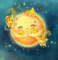 a painting of the sun with five little stars on it's face and smiling faces