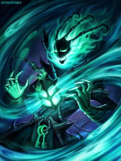 an image of a demonic demon with glowing green eyes and arms in the air, surrounded by swirling blue water