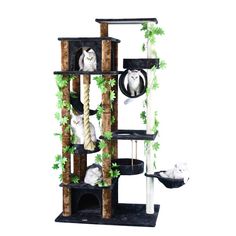 a cat tree with two cats in it and some plants on the top of it