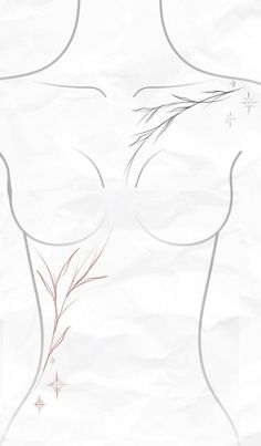 a drawing of a woman's torso with flowers on the side and snowflakes