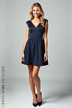 Olivia Mark - Elegant Navy Blue Satin Fit and Flare Dress with V-Neckline and Waistband Chic Navy V-neck Mini Dress, Formal Stretch V-neck Dress, Stretch V-neck Dress For Formal Summer Occasions, Fitted Navy V-neck Mini Dress, Navy Fitted V-neck Mini Dress, Navy Fitted Mini Dress With V-neck, Navy V-neck Mini Dress For Spring, Chic Navy V-neck Dress, Effortless Elegance