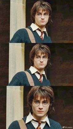 harry potter is wearing glasses and suspenders, with the same expression as he appears to be in front of him