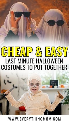 two women dressed in costumes with text reading cheap & easy last minute halloween costumes to put together