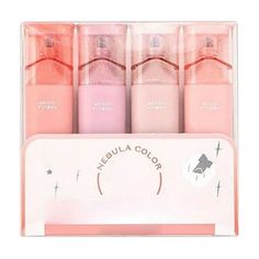 three bottles of nail polish in pink and white packaging with the words neula color on it