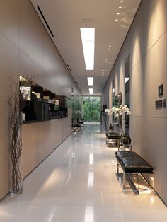 the hallway is clean and ready for guests to use it as a waiting area or office